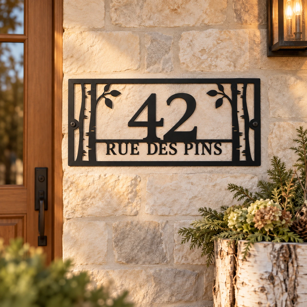 42 Rue des Pins French birch metal address sign on warm natural stone