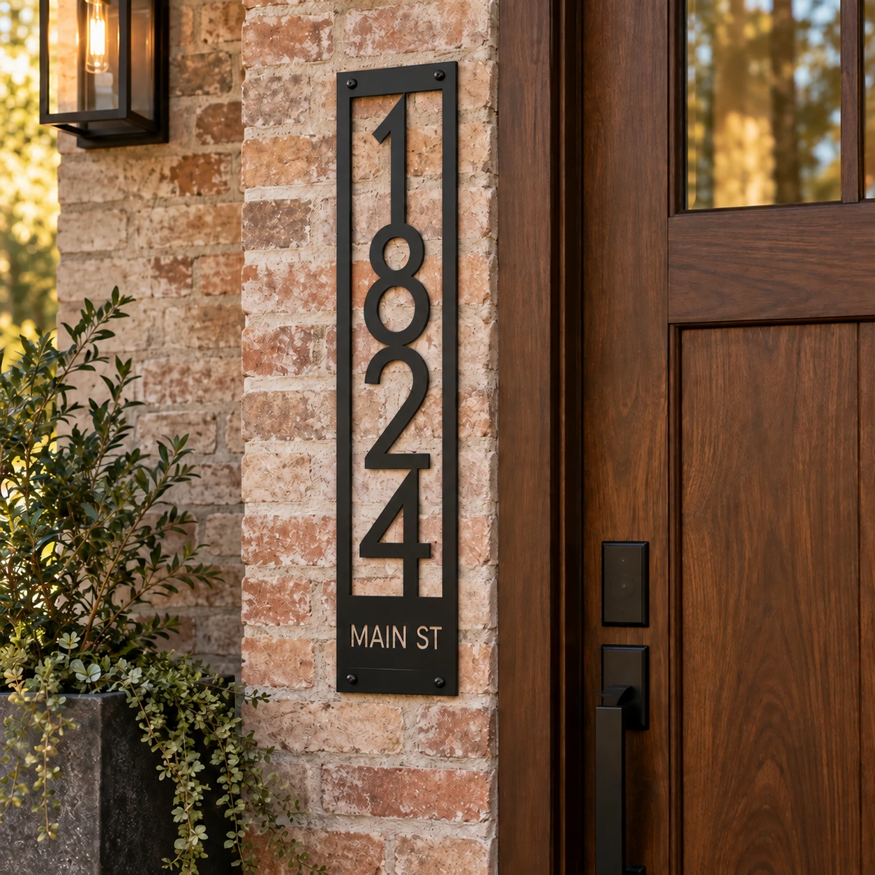 1824 Main Street modern vertical metal address sign beside a warm walnut door