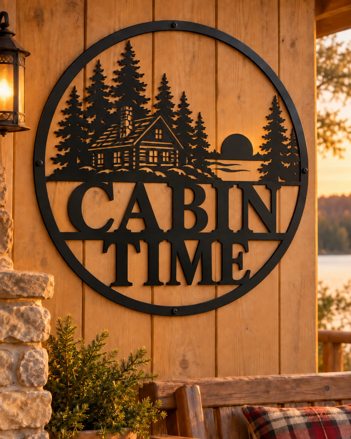 Cabin Time black metal sign in a warm rustic cottage setting