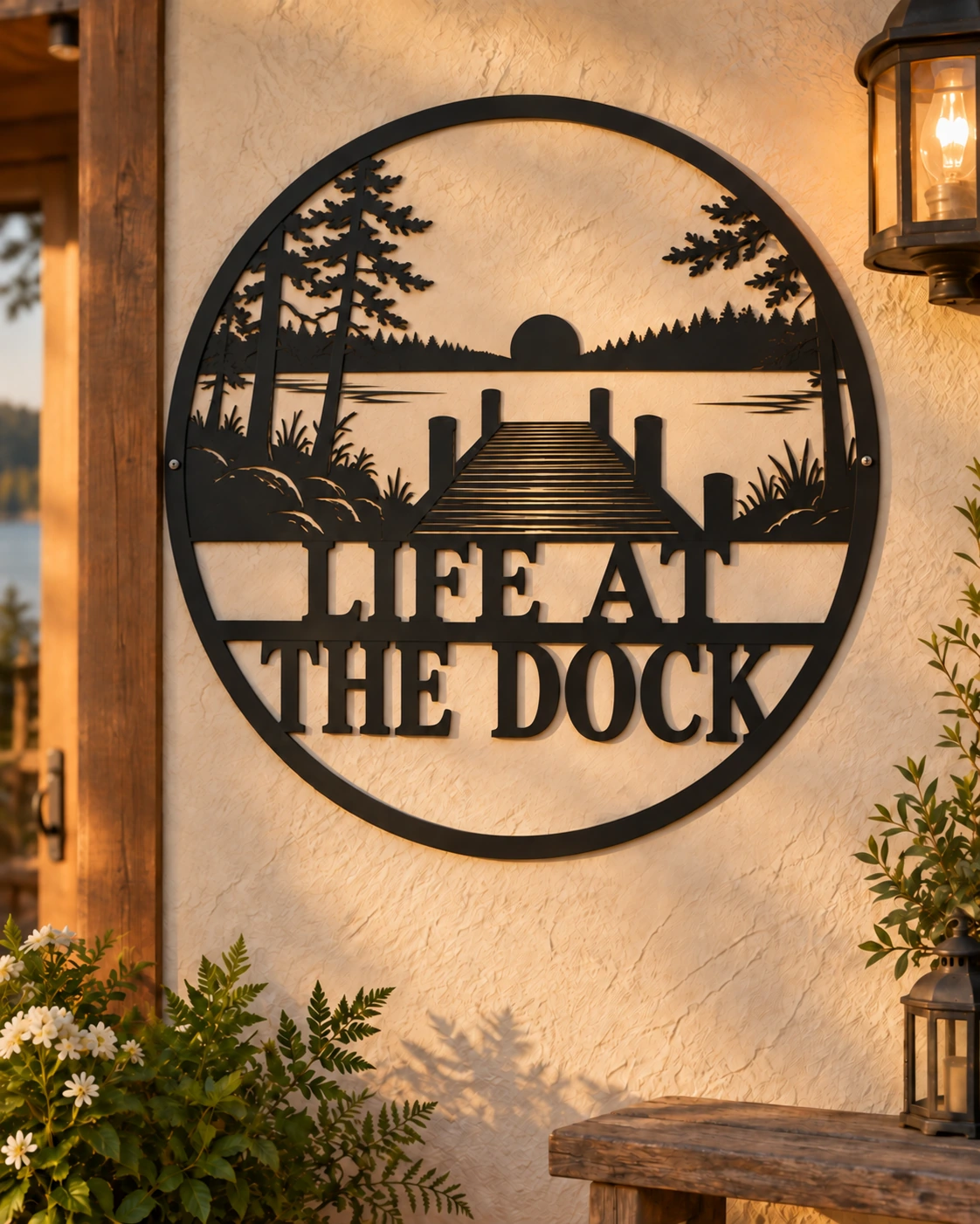 Life at the Dock black metal sign in a warm rustic cottage setting
