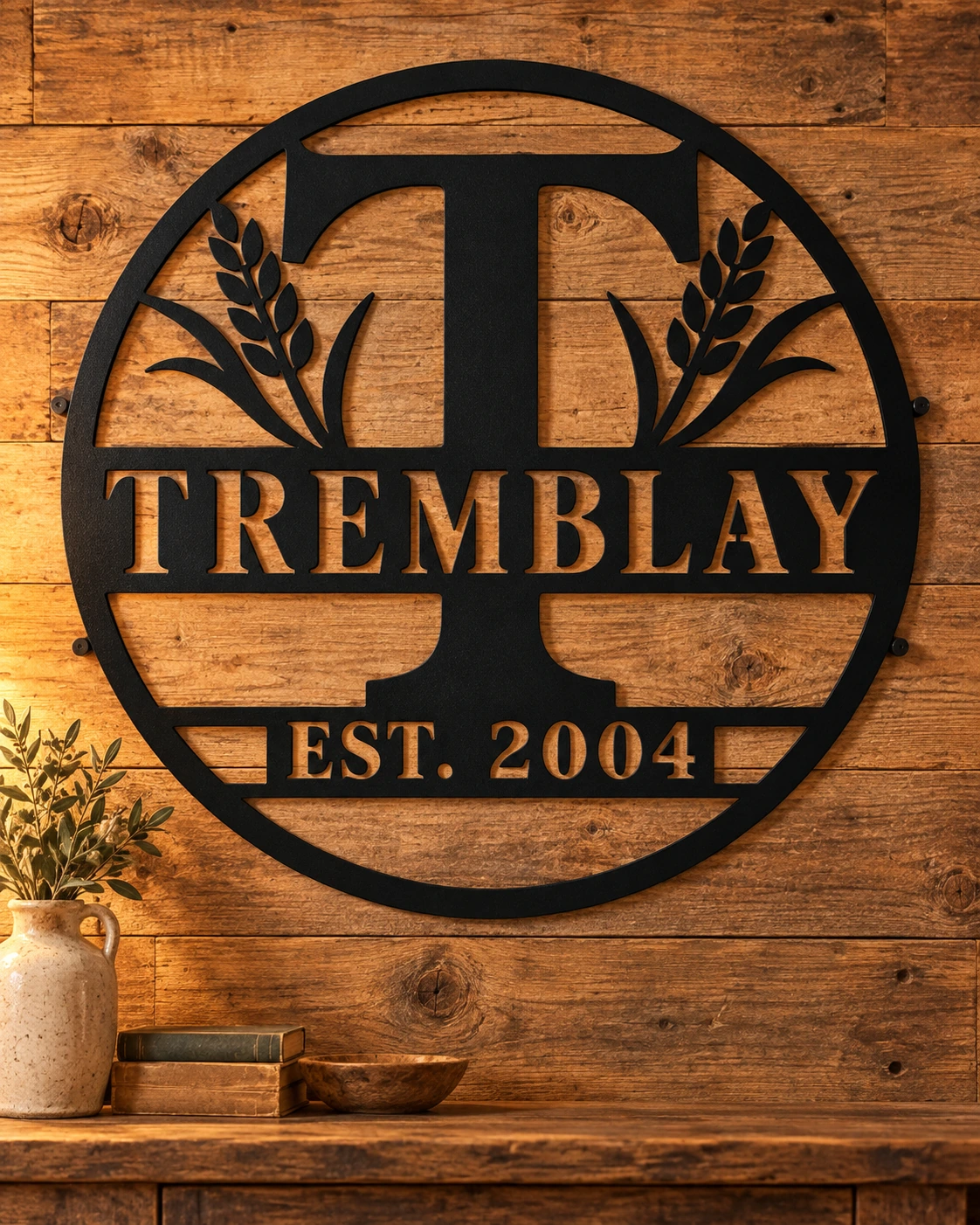 Tremblay farmhouse monogram custom metal family sign