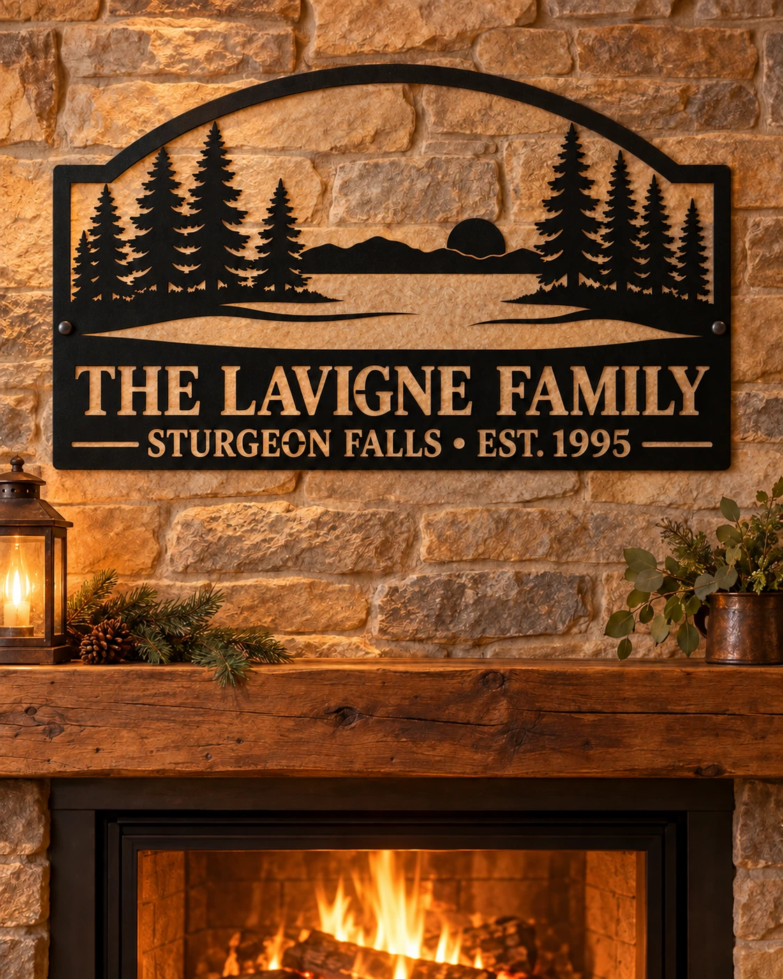 The Lavigne Family Northern lake and pine custom metal sign