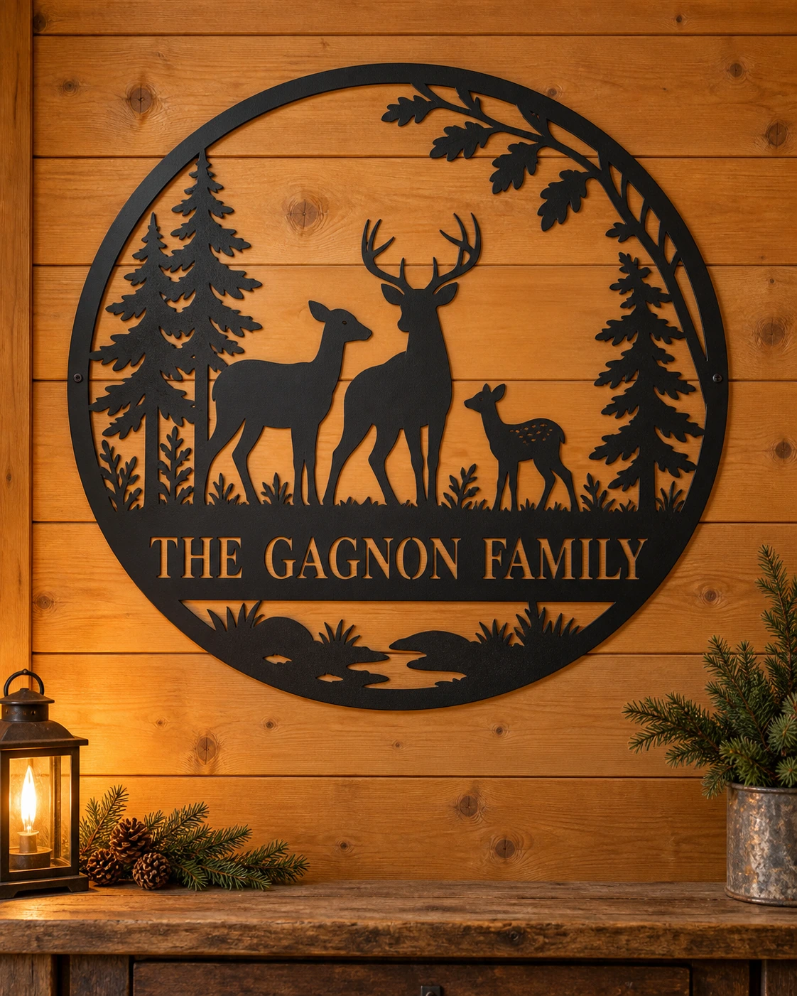 Gagnon family woodland deer metal sign in a warm rustic cottage setting