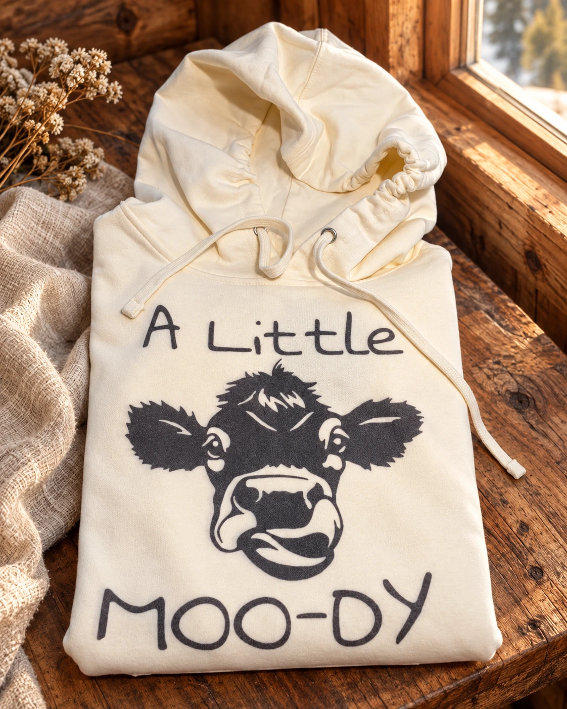 A Little Moody Hoodie or T-Shirt displayed in a warm styled setting