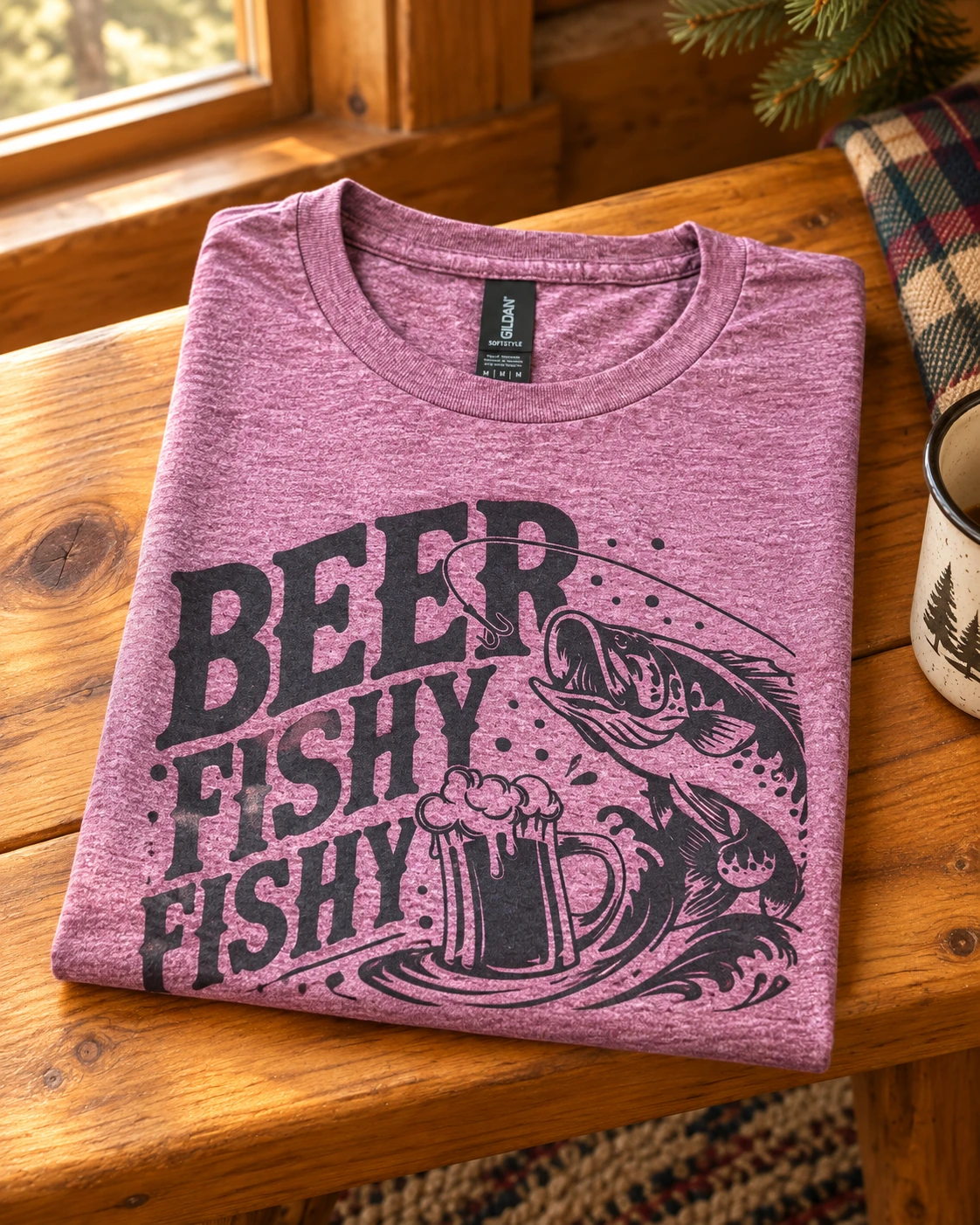 Beer fishy fishy t-shirt displayed in a warm styled setting
