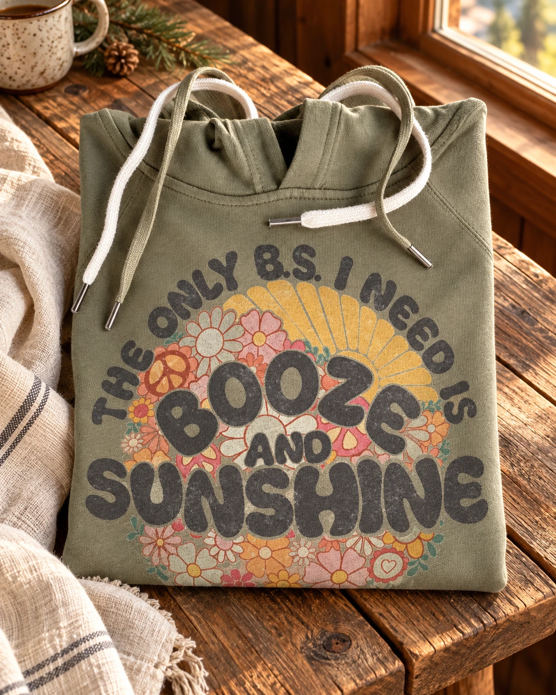 BS Hoodie or T-Shirt displayed in a warm styled setting