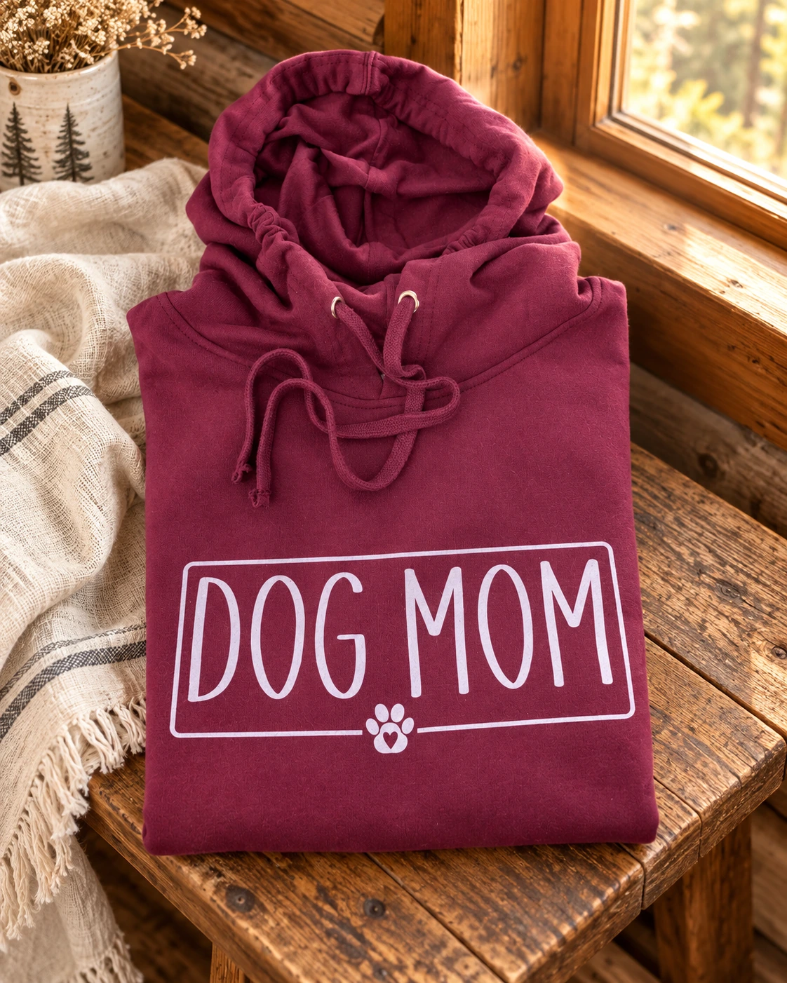 Dog Mom Hoodie or T-Shirt displayed in a warm styled setting