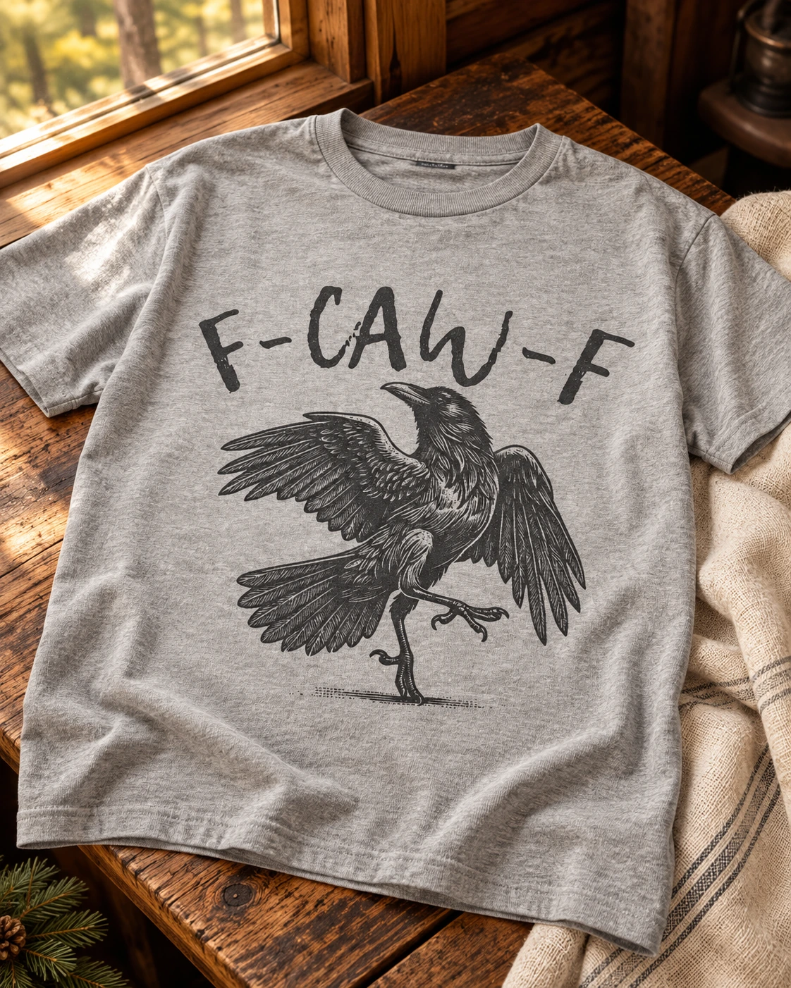 F-caw-F crow t-shirt displayed in a warm styled setting