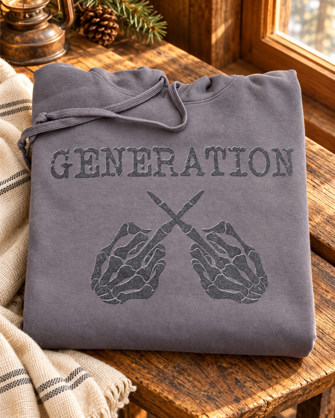 Generation X Hoodie or T-Shirt displayed in a warm styled setting