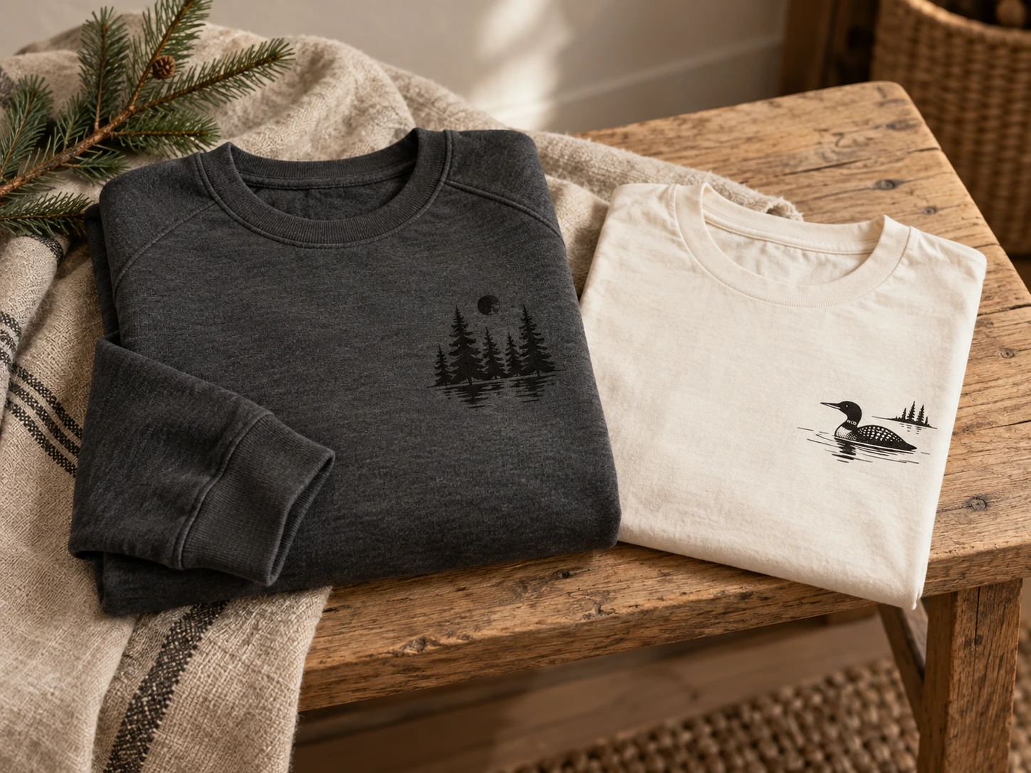 Folded charcoal sweatshirt and cream printed t-shirt in a rustic setting