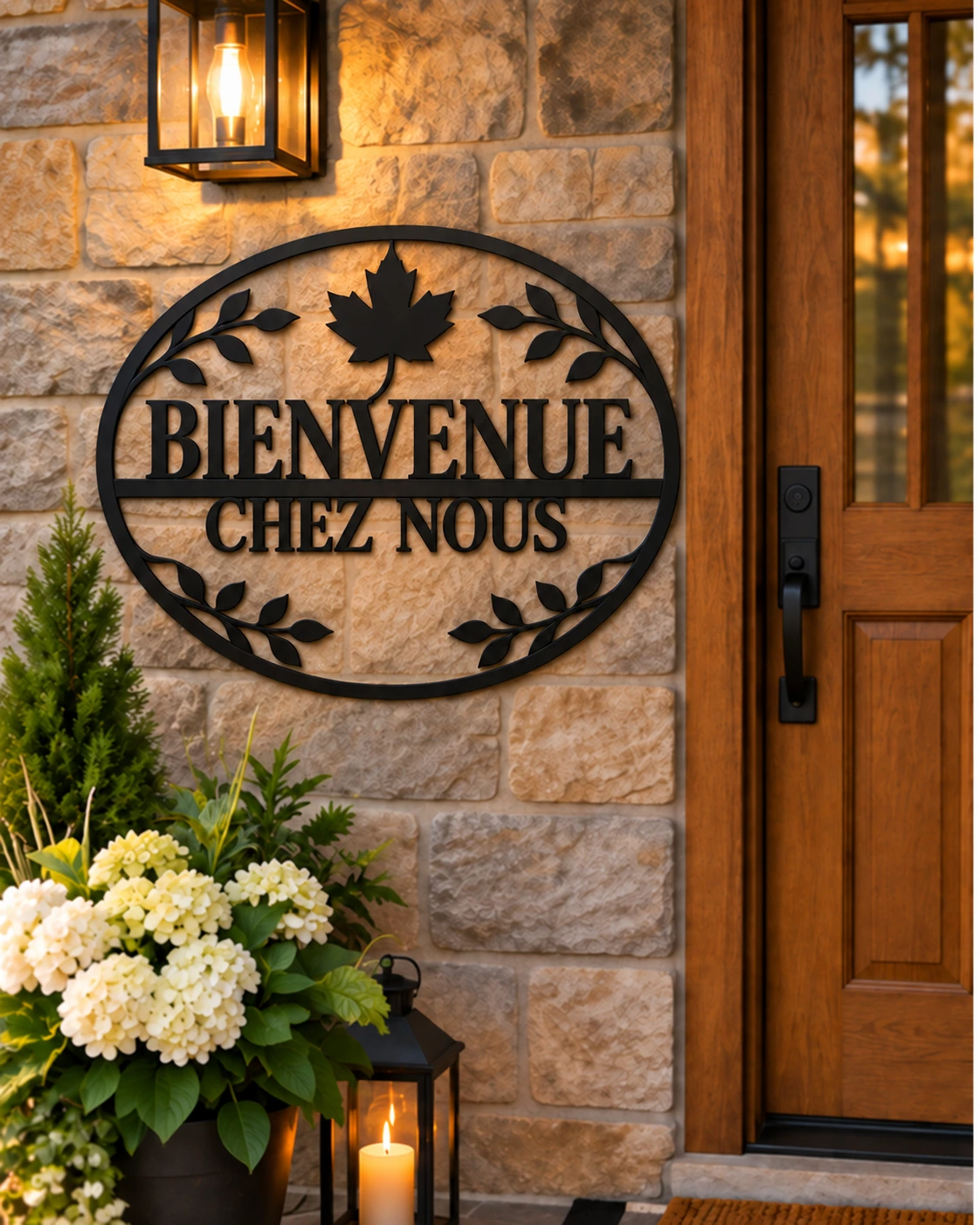 Bienvenue chez nous metal sign on a warm stone porch