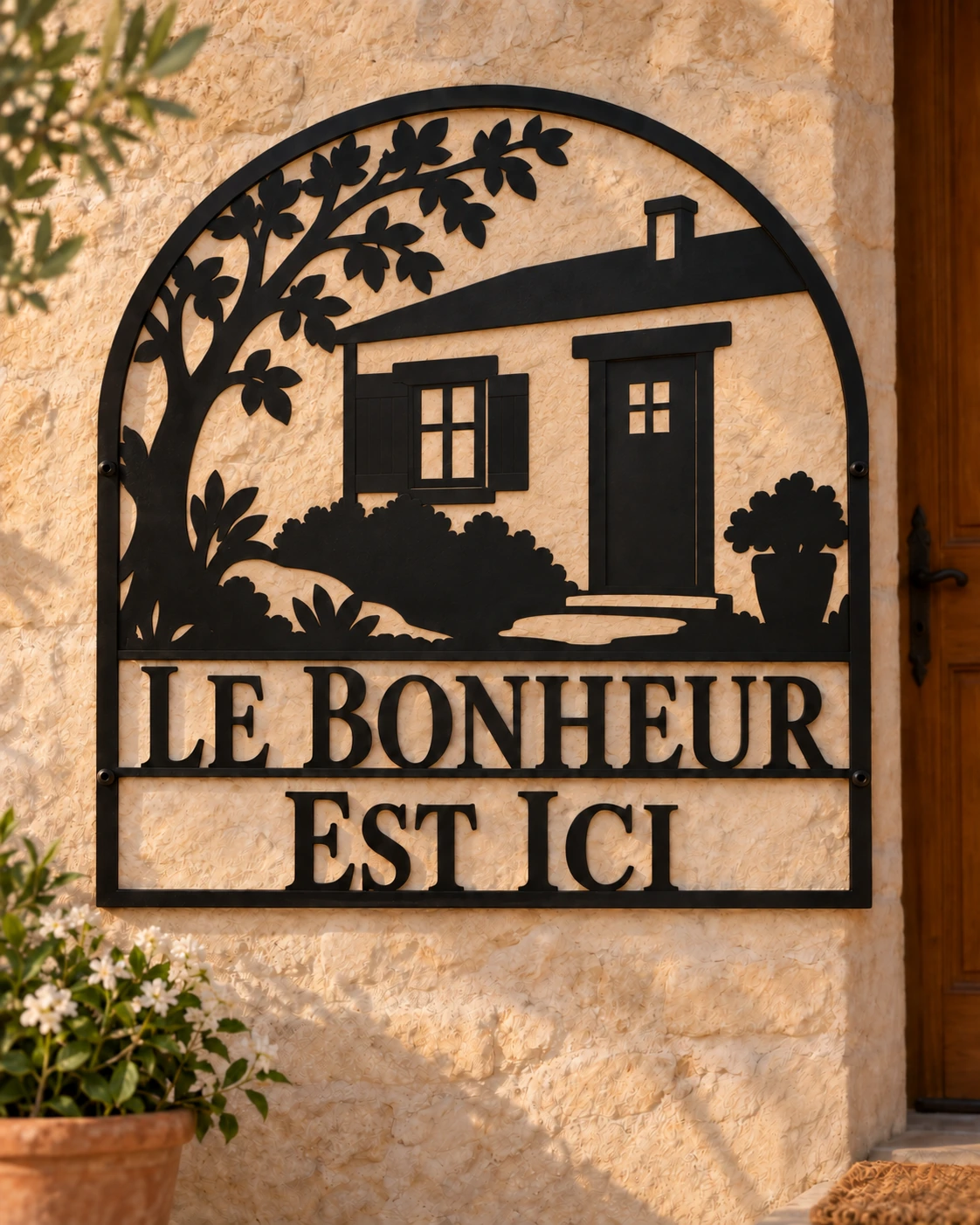 Le Bonheur Est Ici black metal sign in a warm rustic home setting