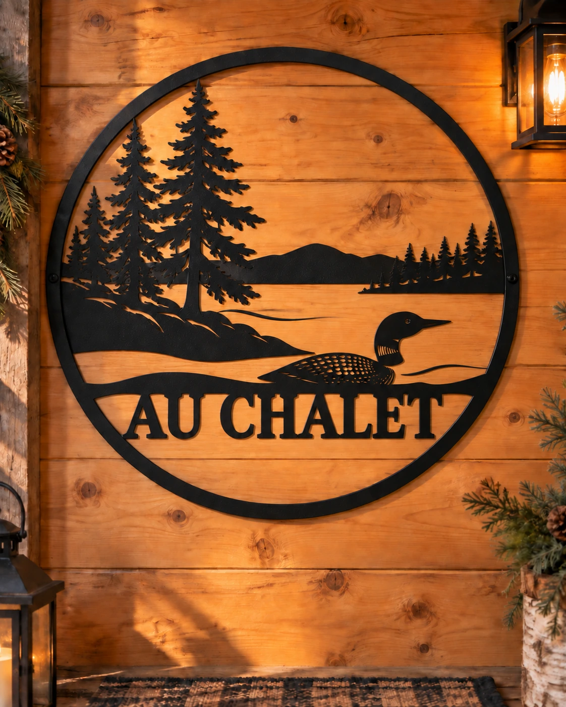 Au Chalet black metal sign in a warm rustic home setting