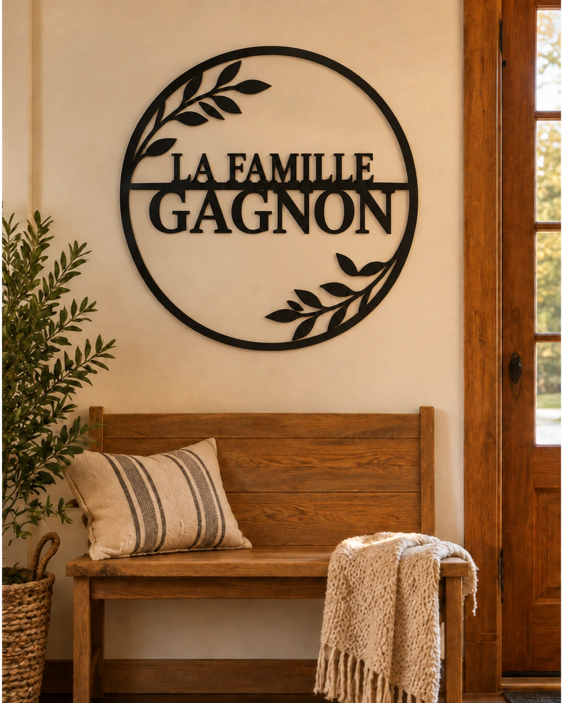 La Famille Gagnon metal sign in a warm home entryway