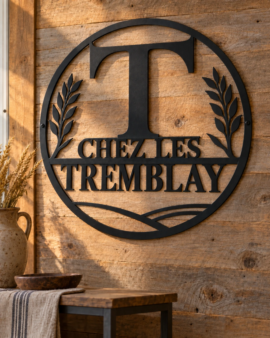 Chez les Tremblay black metal sign in a warm rustic home setting