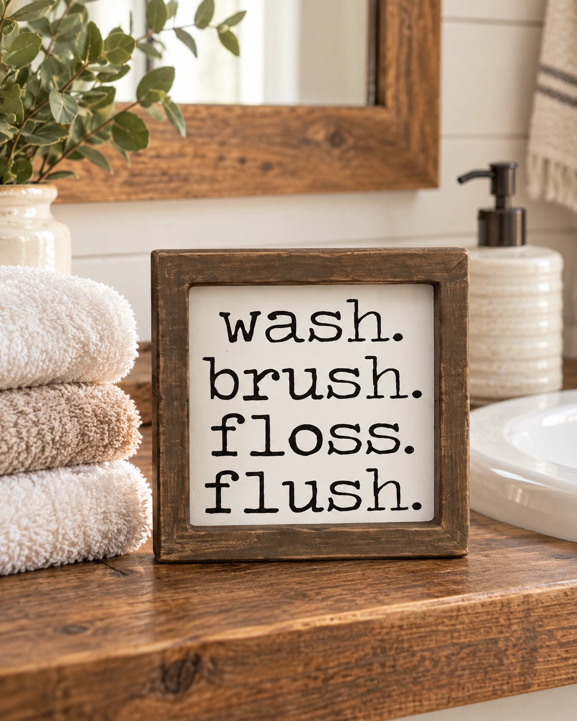 Bathroom Mini-Signs 2 displayed in a warm styled setting