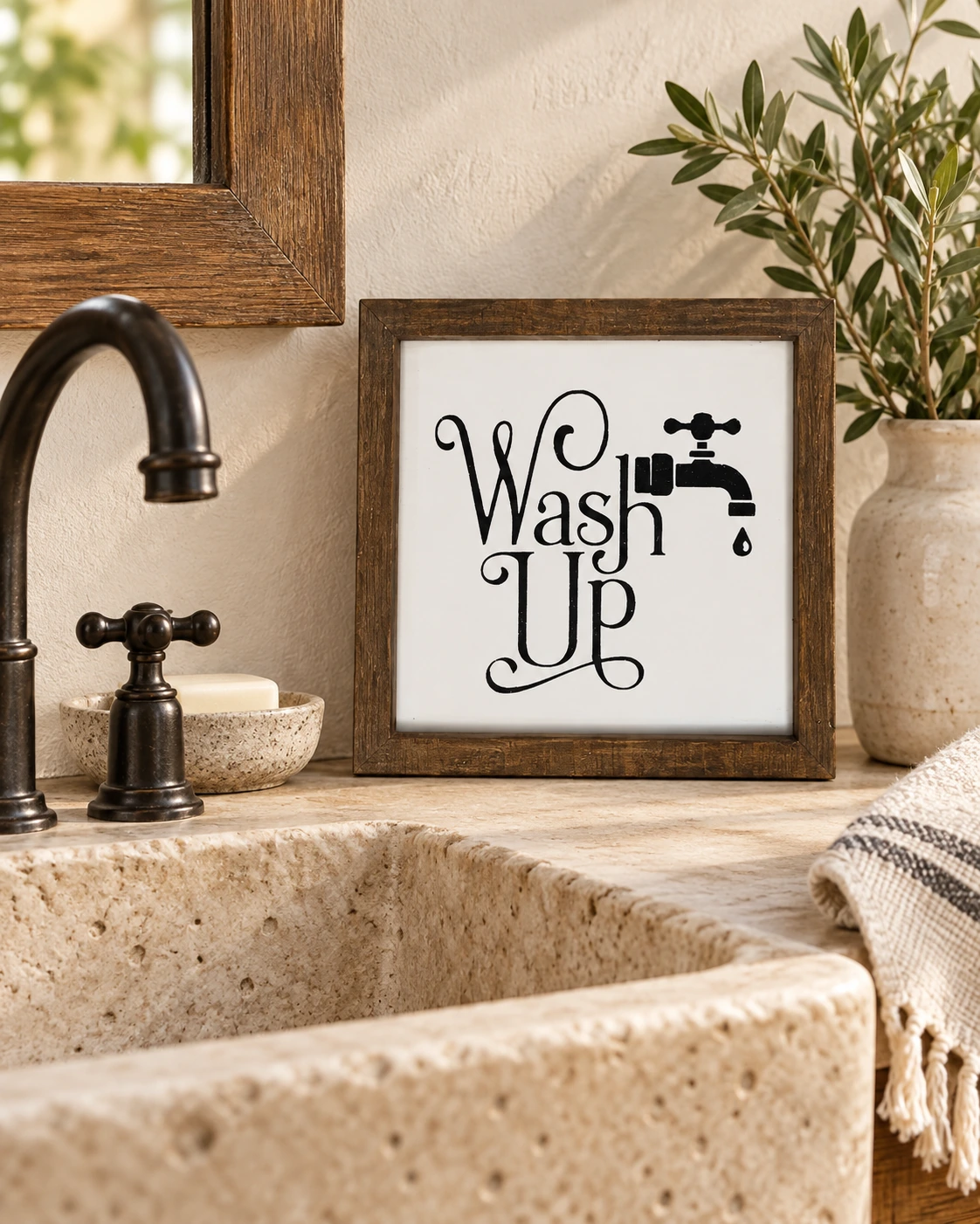 Bathroom Mini Signs displayed in a warm styled setting