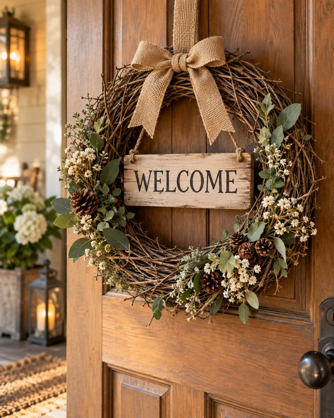 Cottage Welcome Wreath displayed in a warm styled setting