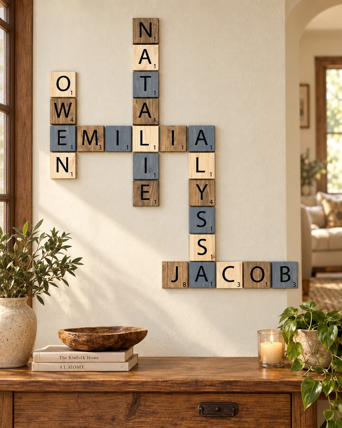 Crossword Pieces by TheChalkShop displayed in a warm styled setting