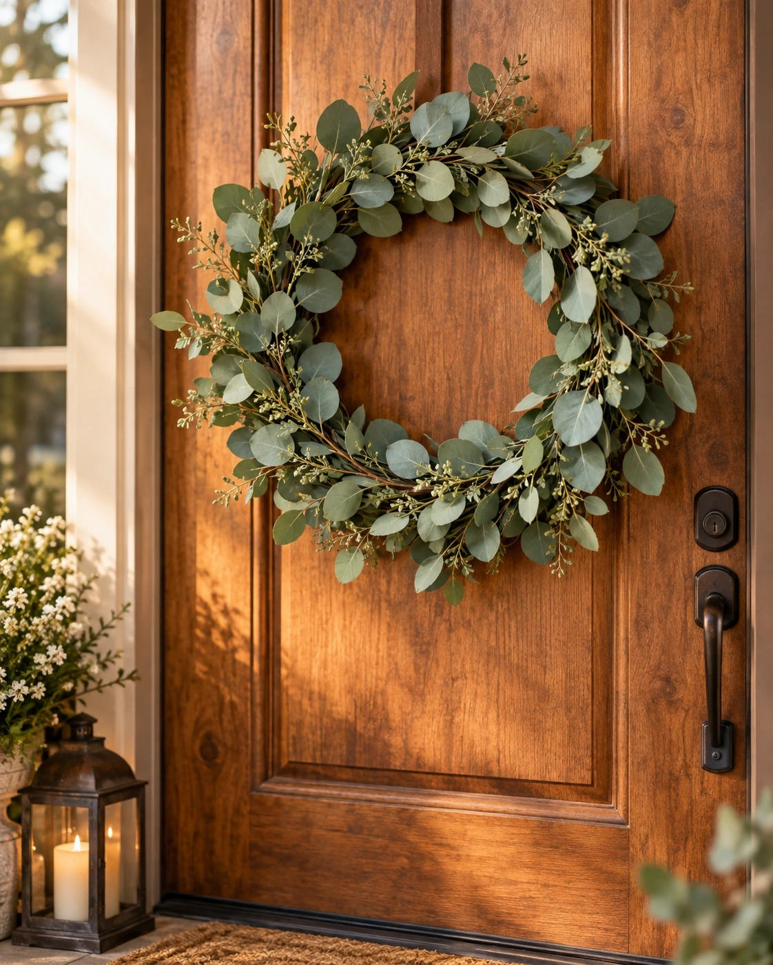 Eucalyptus Wreath displayed in a warm styled setting