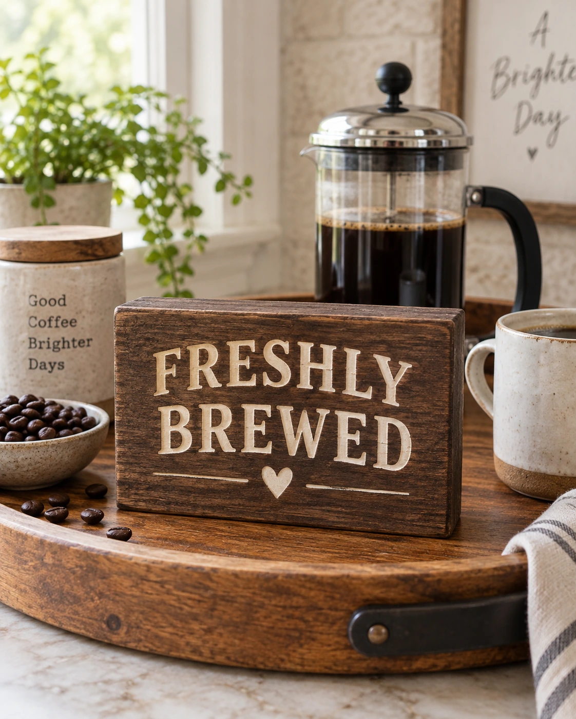Freshly Brewed displayed in a warm styled setting