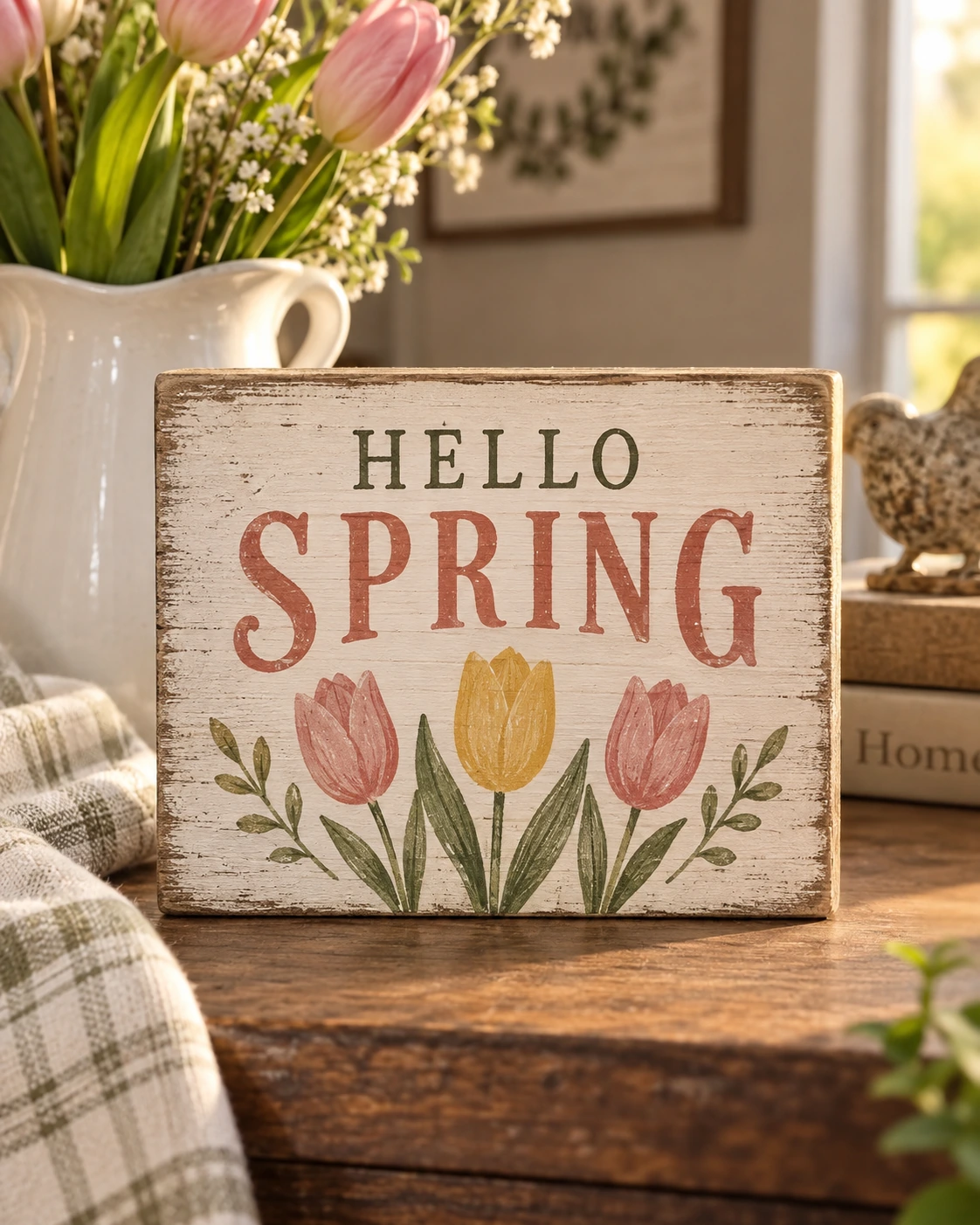 Hello Spring displayed in a warm styled setting