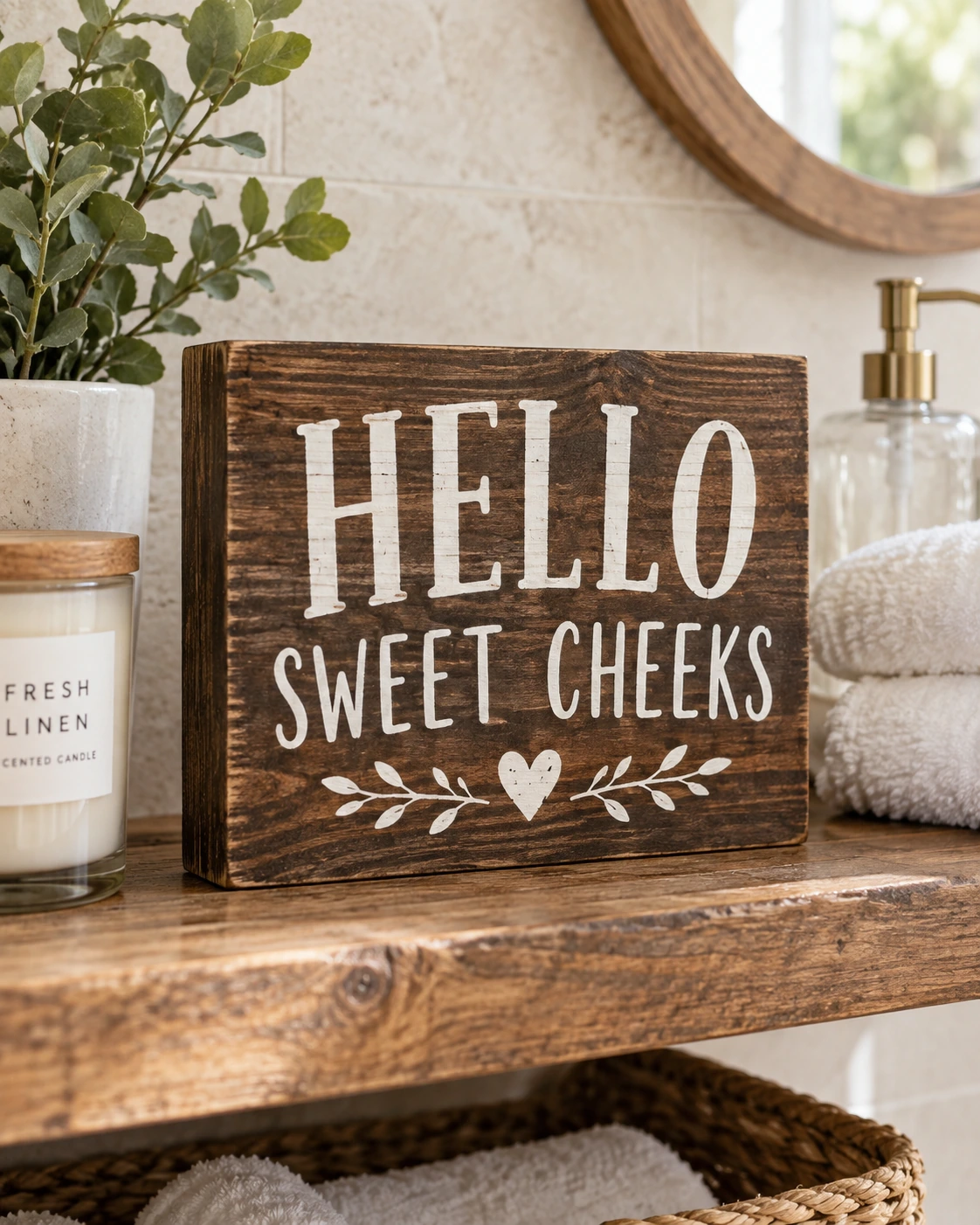 Hello Sweet Cheeks displayed in a warm styled setting