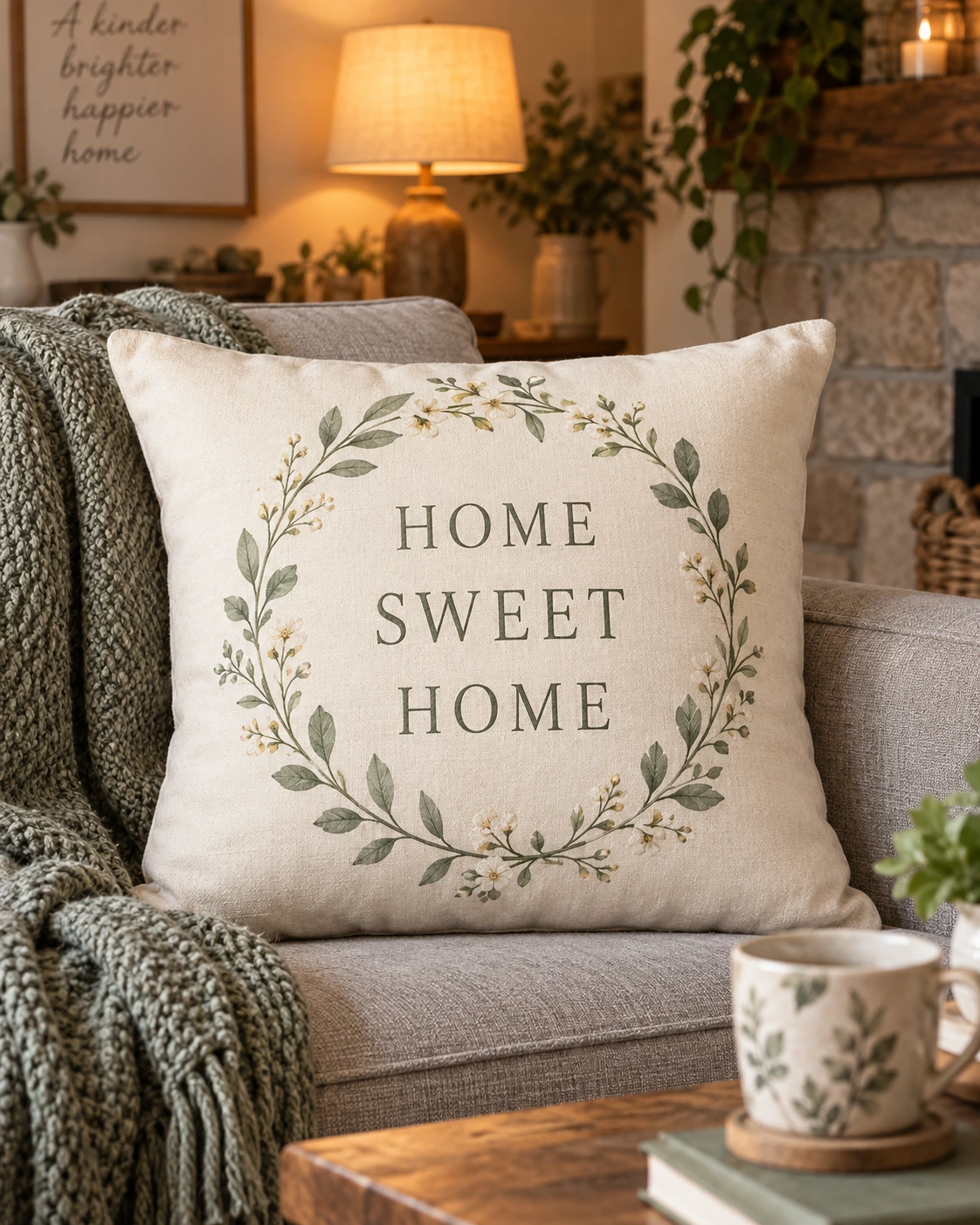 Home Sweet Home Pillow displayed in a warm styled setting