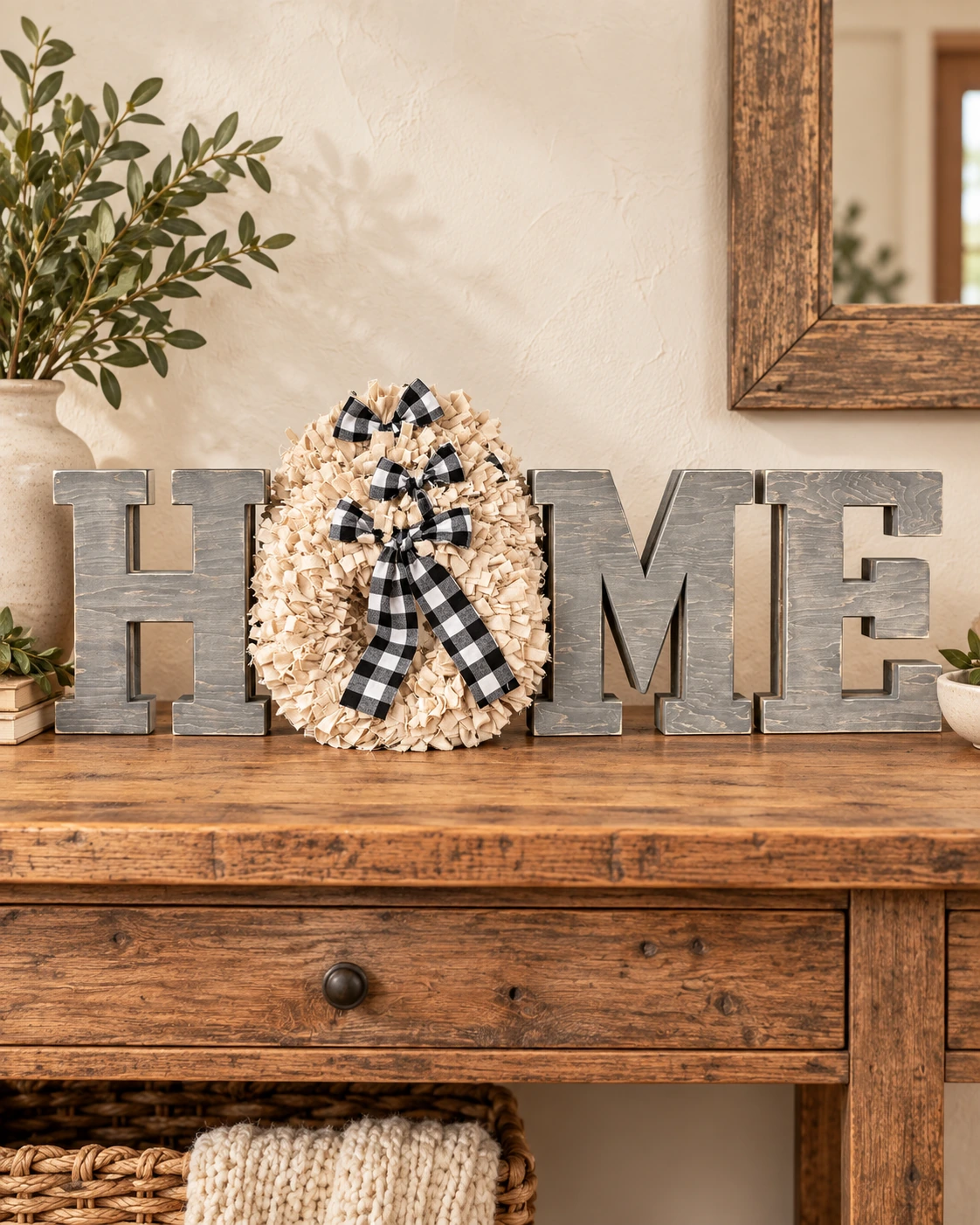Wooden Home with Rag Wreath displayed in a warm styled setting