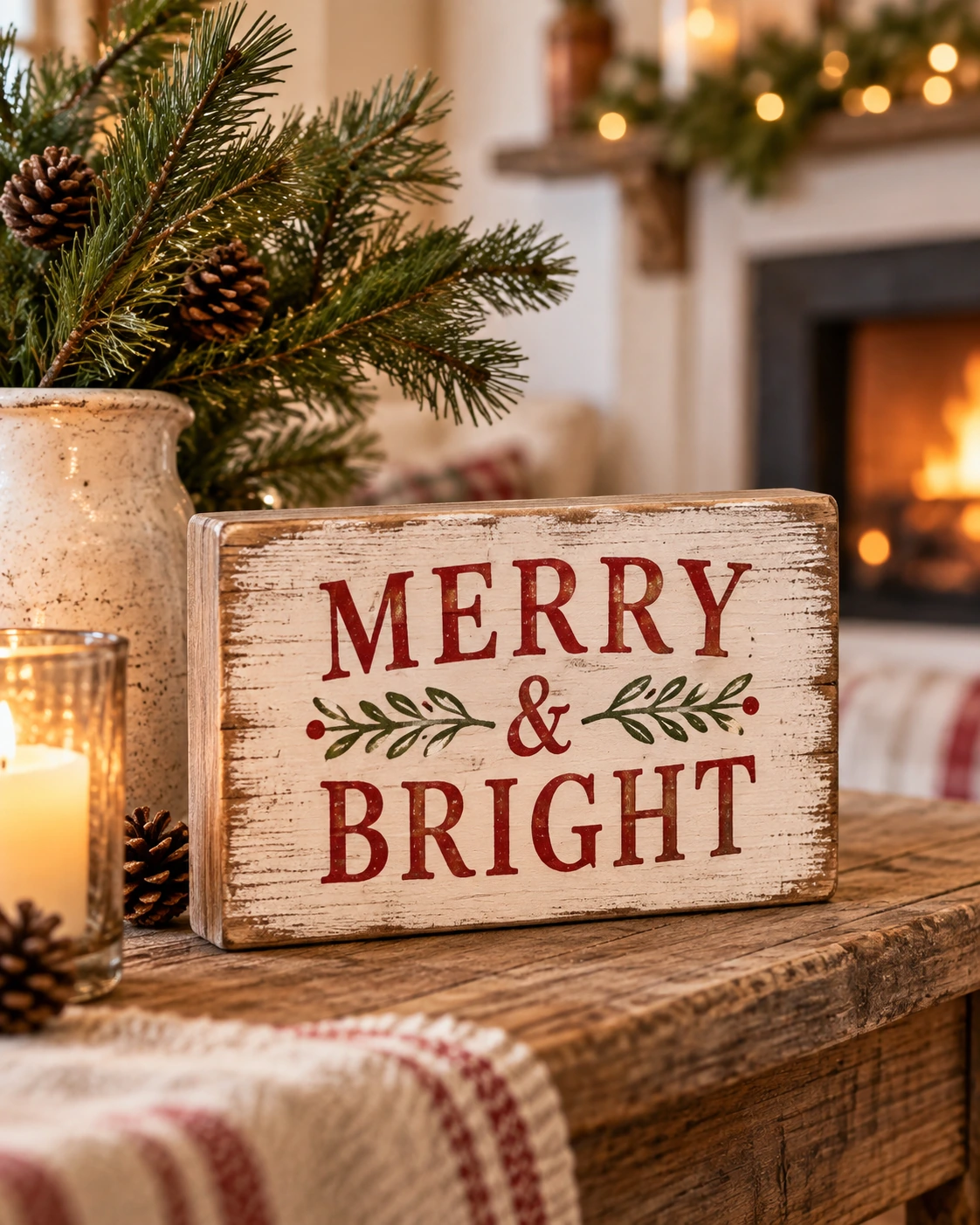 Merry & Bright displayed in a warm styled setting