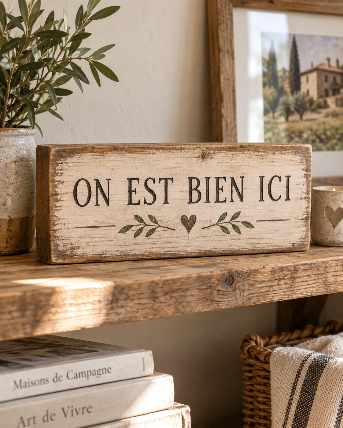On Est Bien Ici displayed in a warm styled setting