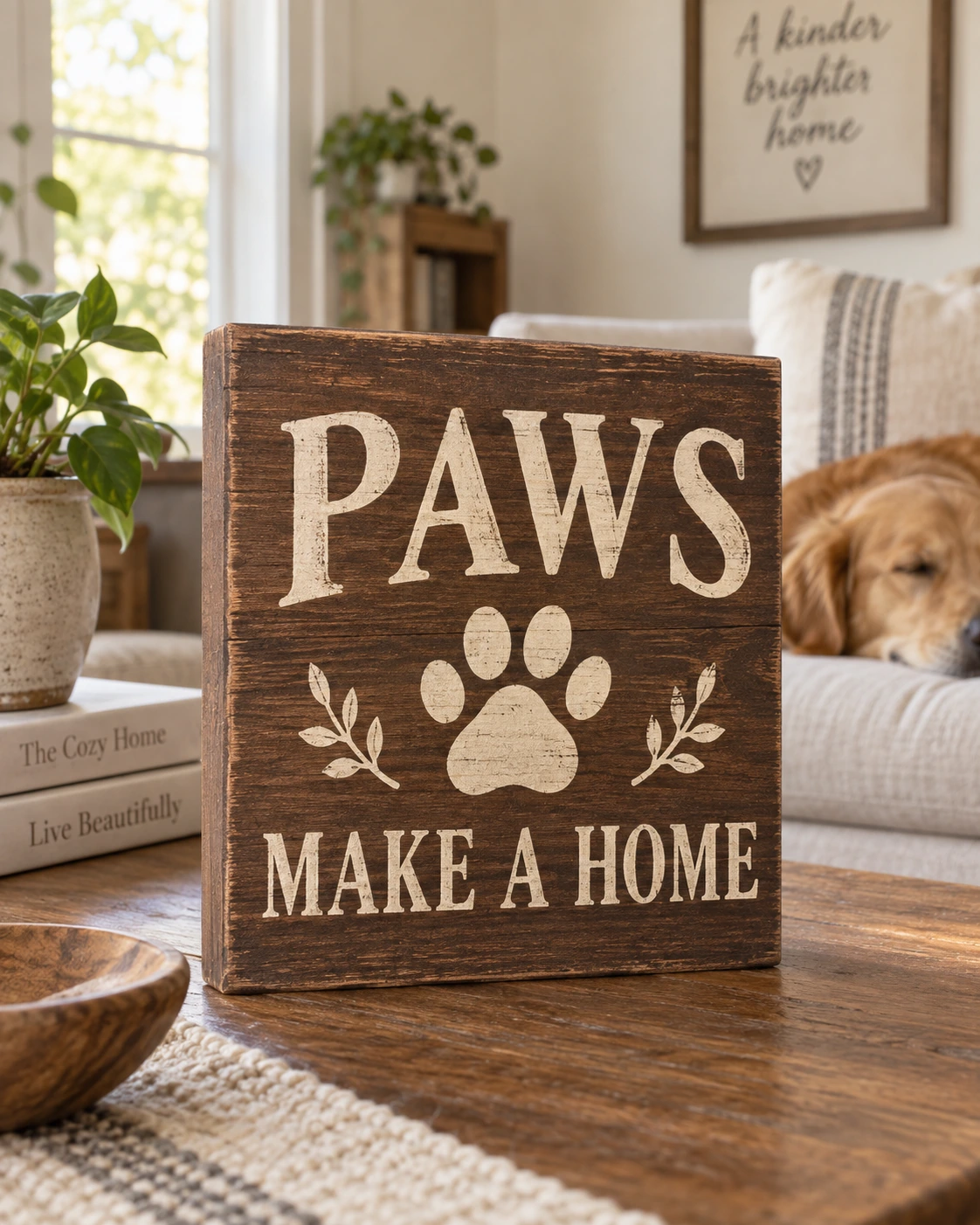 Paws Make a Home displayed in a warm styled setting