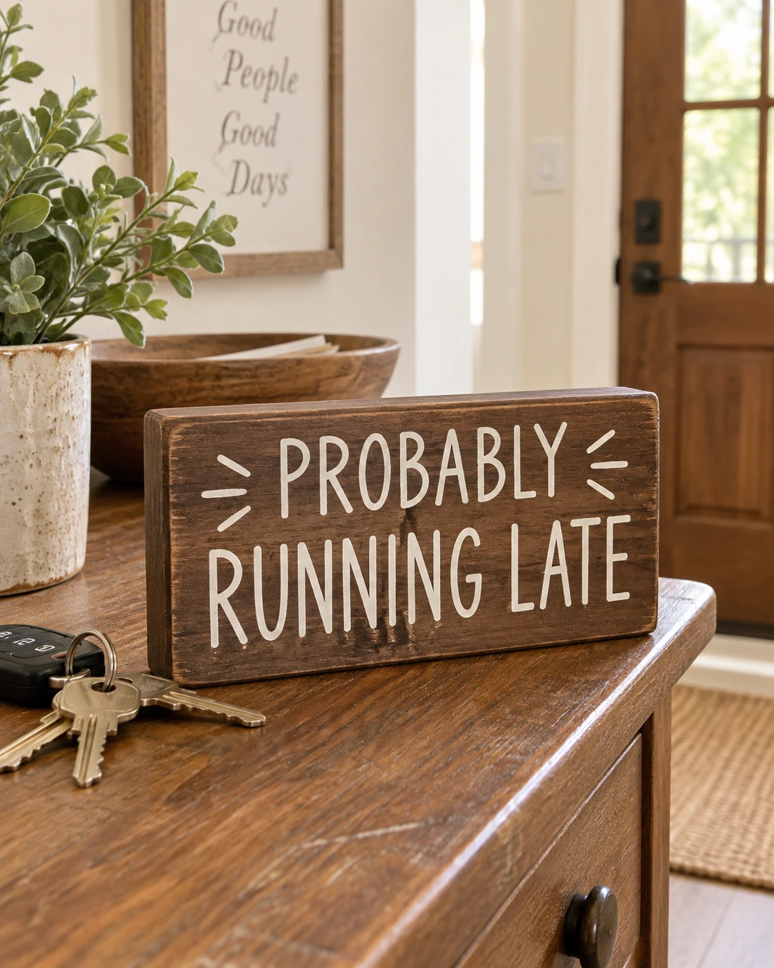 Probably Late displayed in a warm styled setting