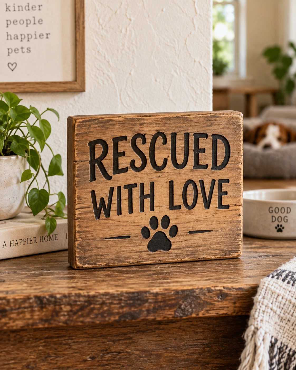 Rescued with Love displayed in a warm styled setting