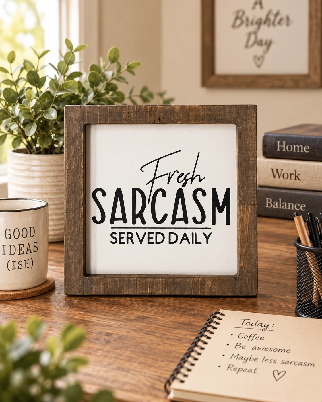 Sarcastic Mini Wood Signs - Rustic Snark for Your Space displayed in a warm styled setting