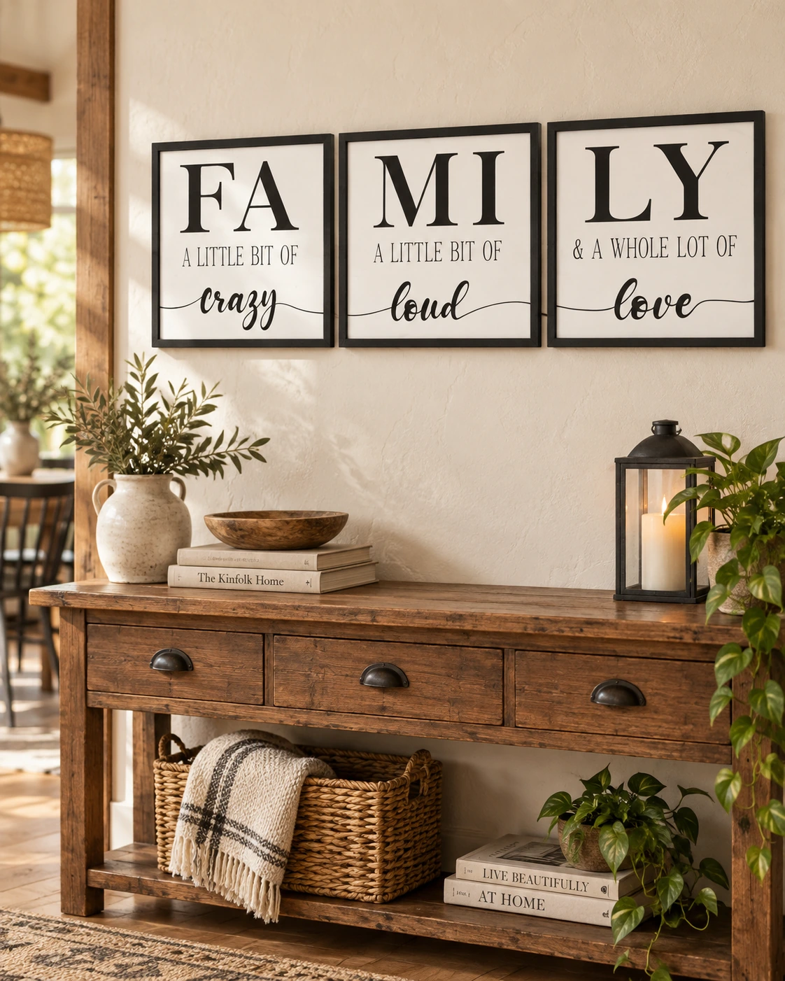 Three Piece Family sign displayed in a warm styled setting