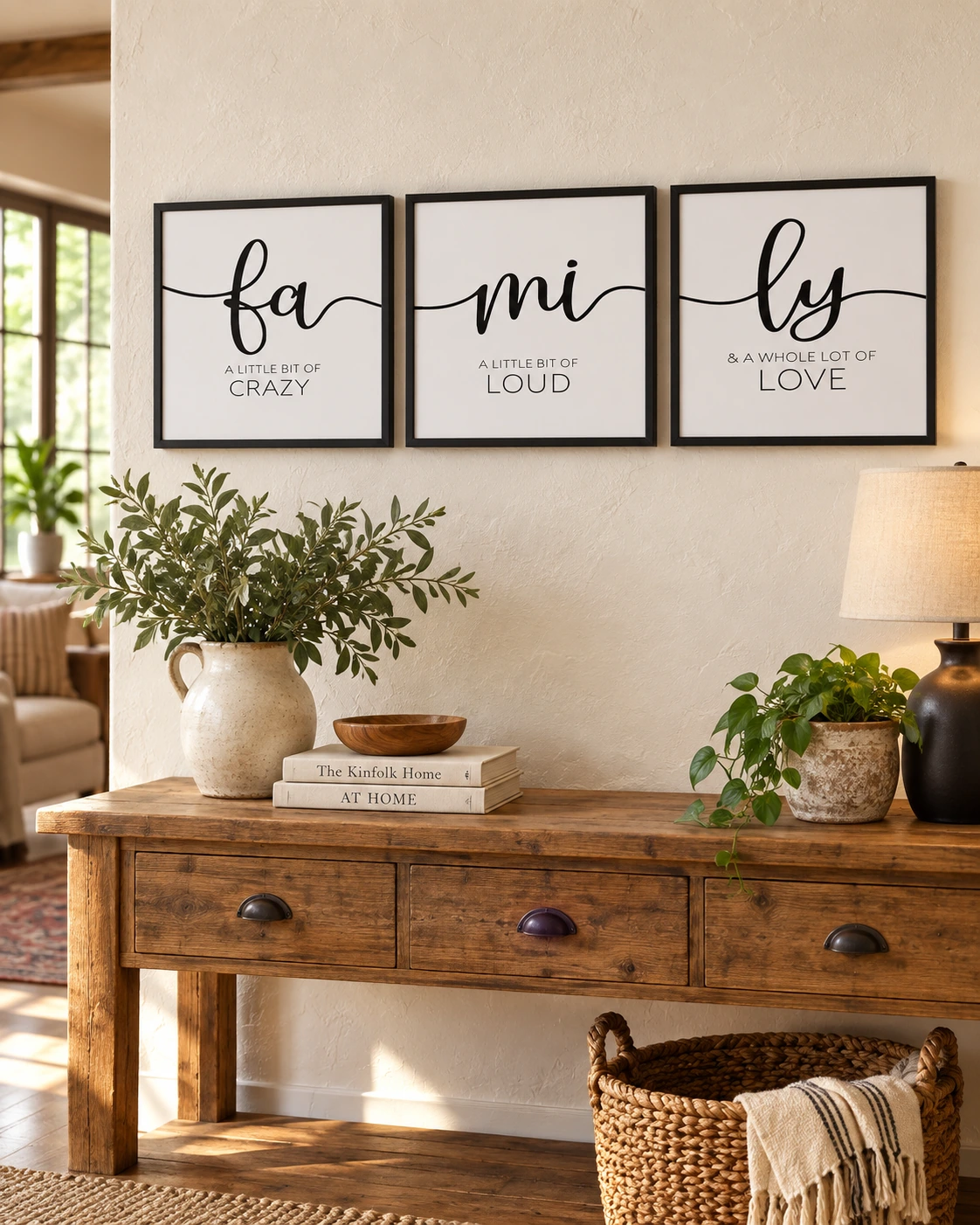 Three piece modern family sign displayed in a warm styled setting