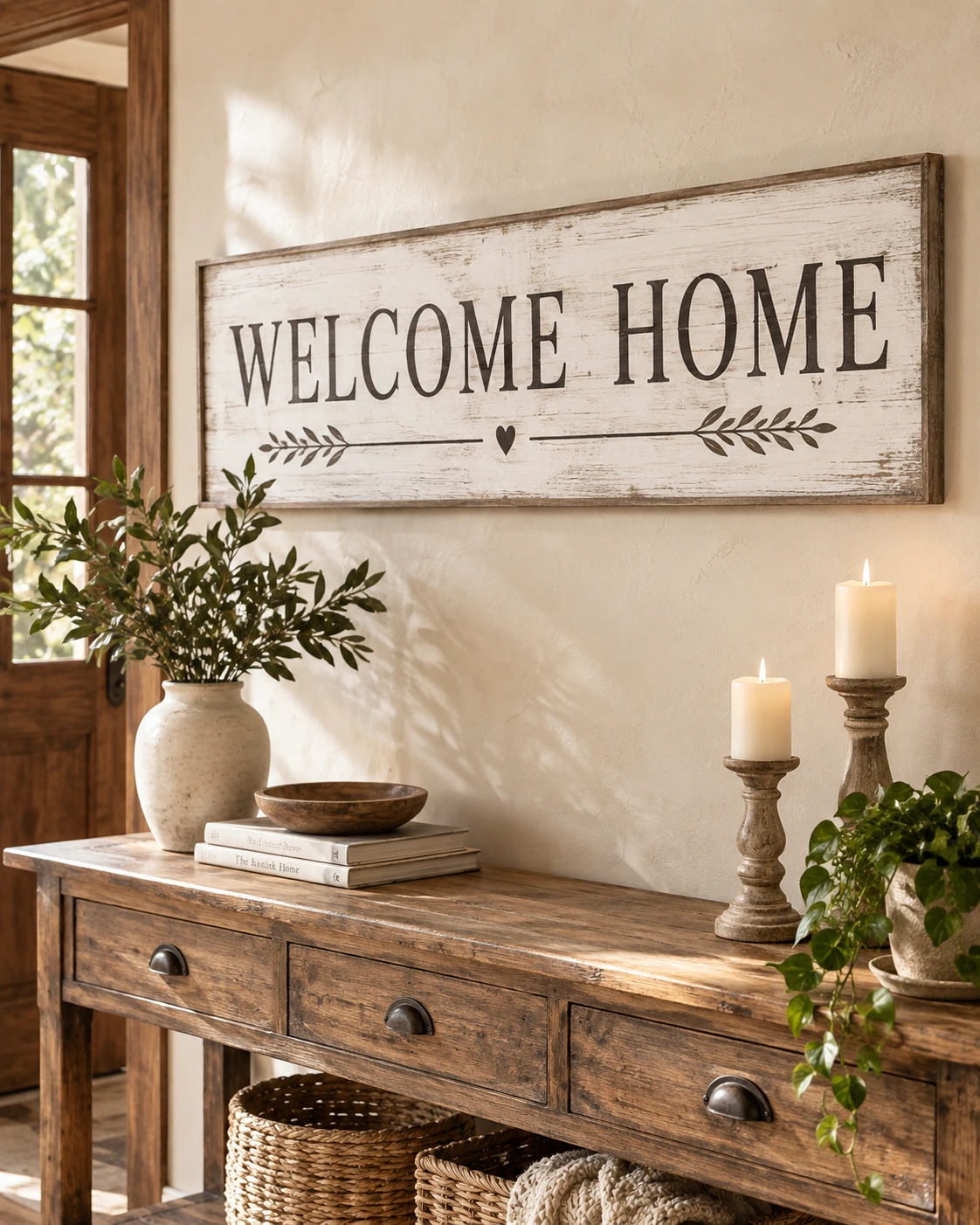 Welcome Home displayed in a warm styled setting