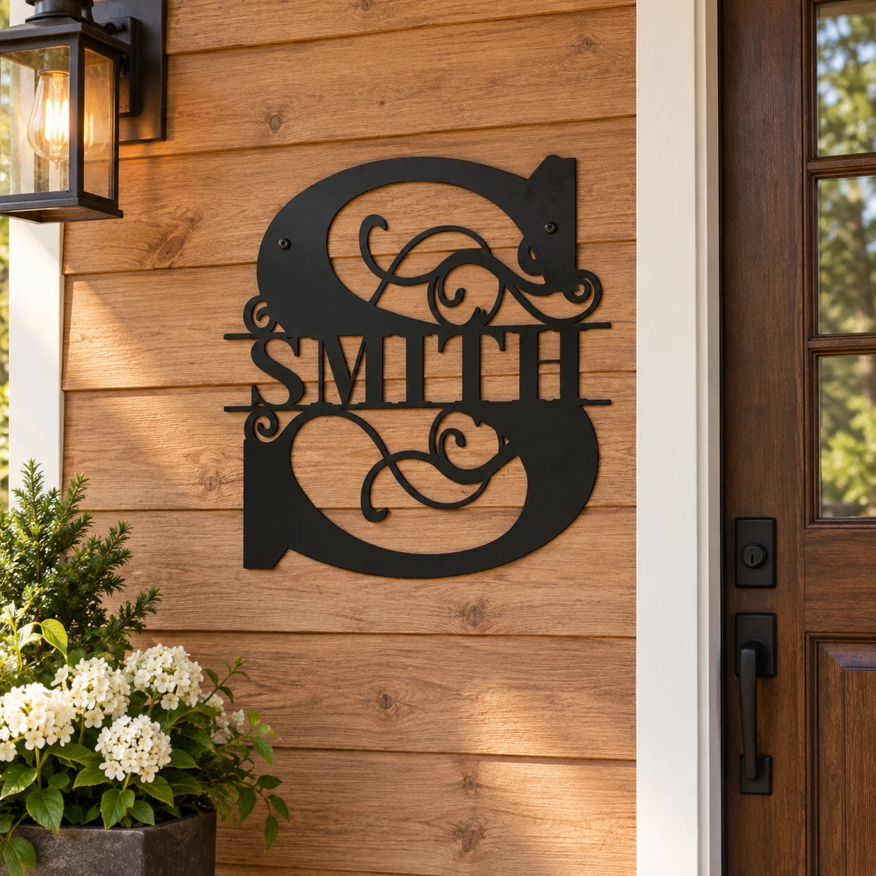 Personalized metal monogram sign displayed on a porch