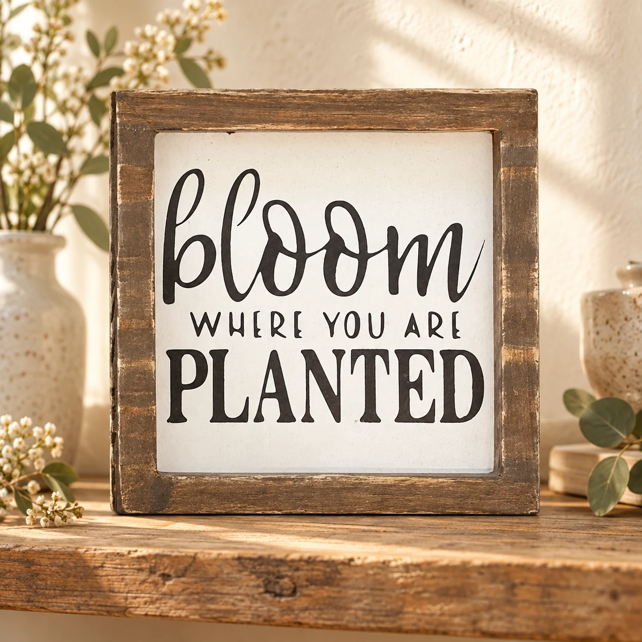 Bloom Where You Are Planted in a warm styled setting