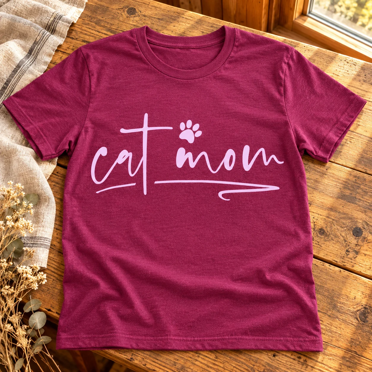 Cat Mom T-Shirt in a warm styled setting