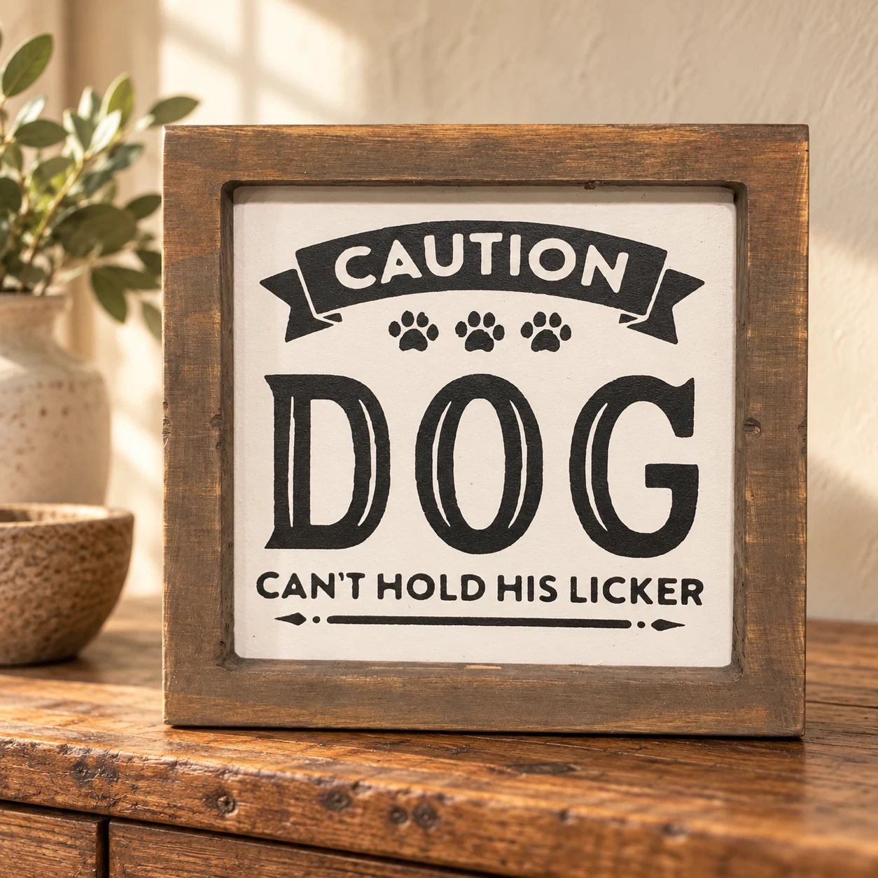 Caution: Dog Can't Hold His Licker in a warm styled setting