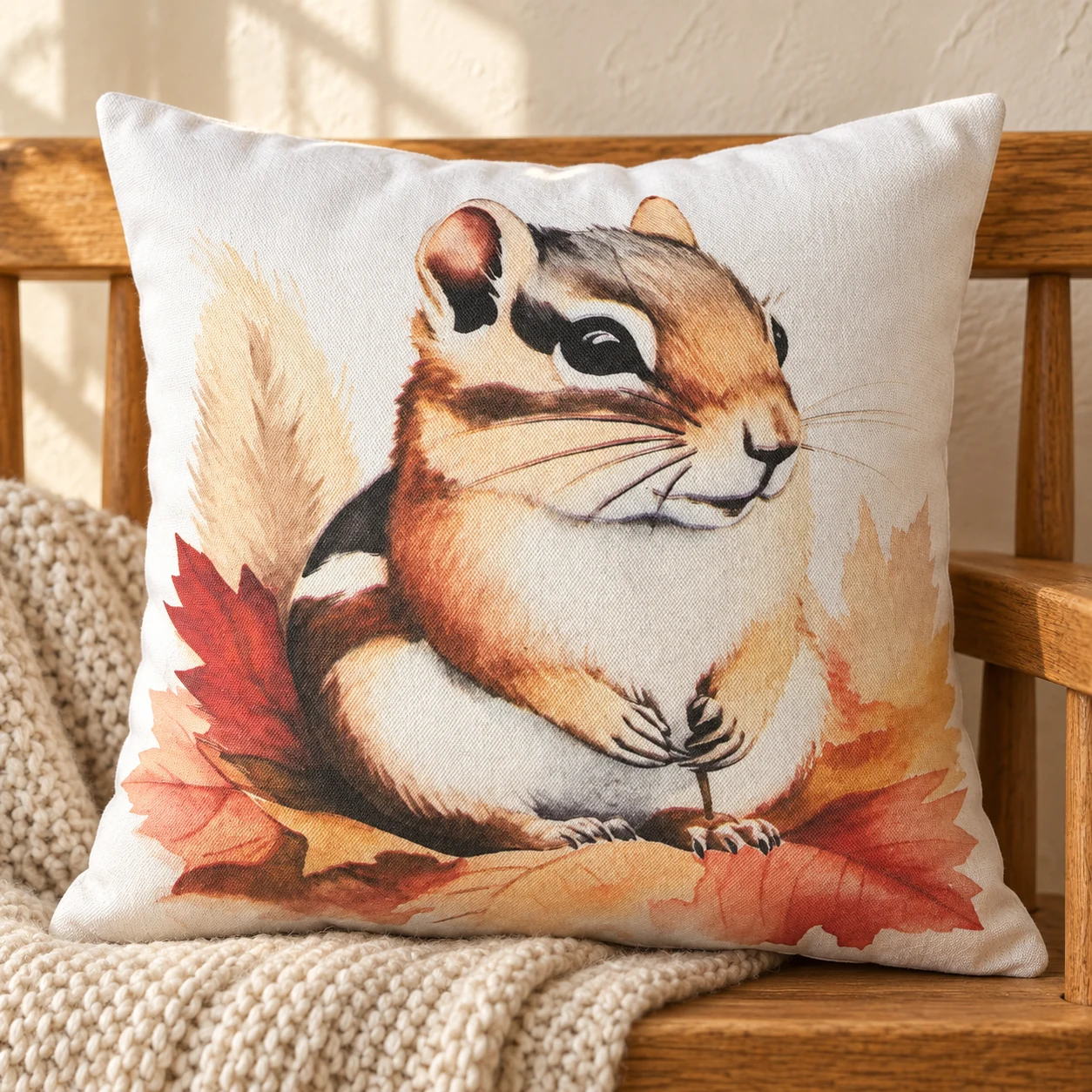Woodland Chipmunk Pillow in a warm styled setting