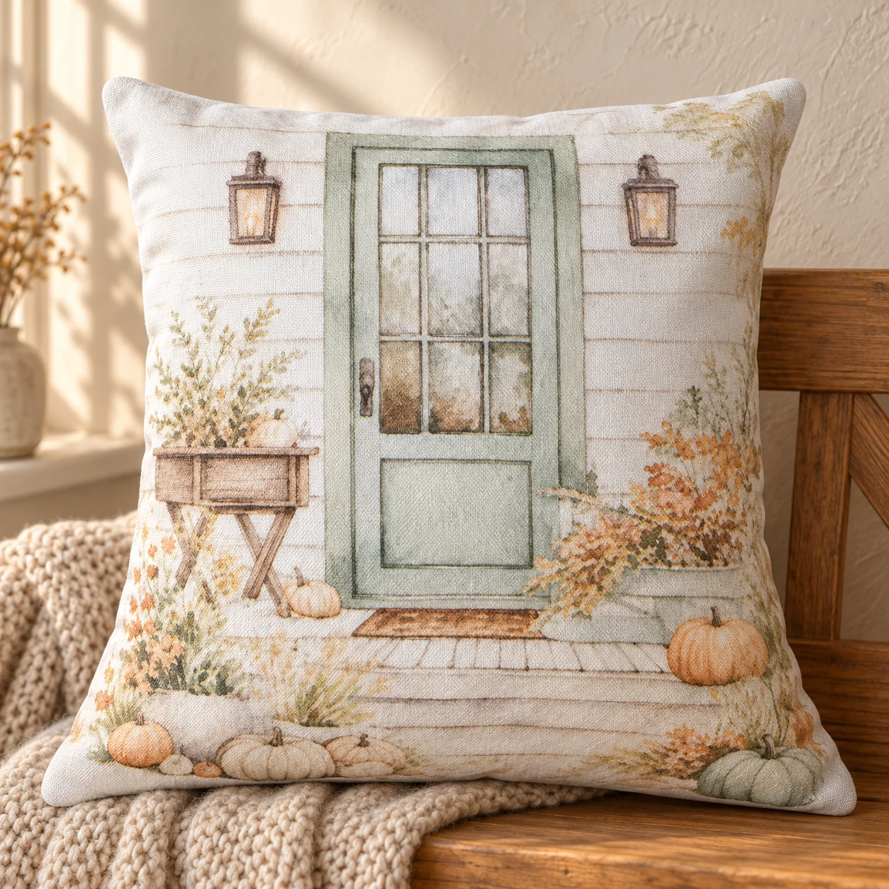 Autumn Front Door Pillow in a warm styled setting