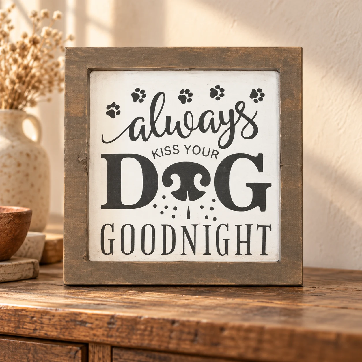 Always Kiss Your Dog Goodnight in a warm styled setting