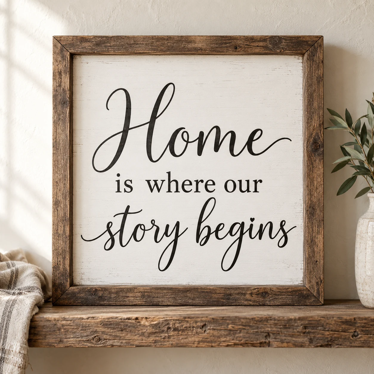 Home Is Where Our Story Begins in a warm styled setting
