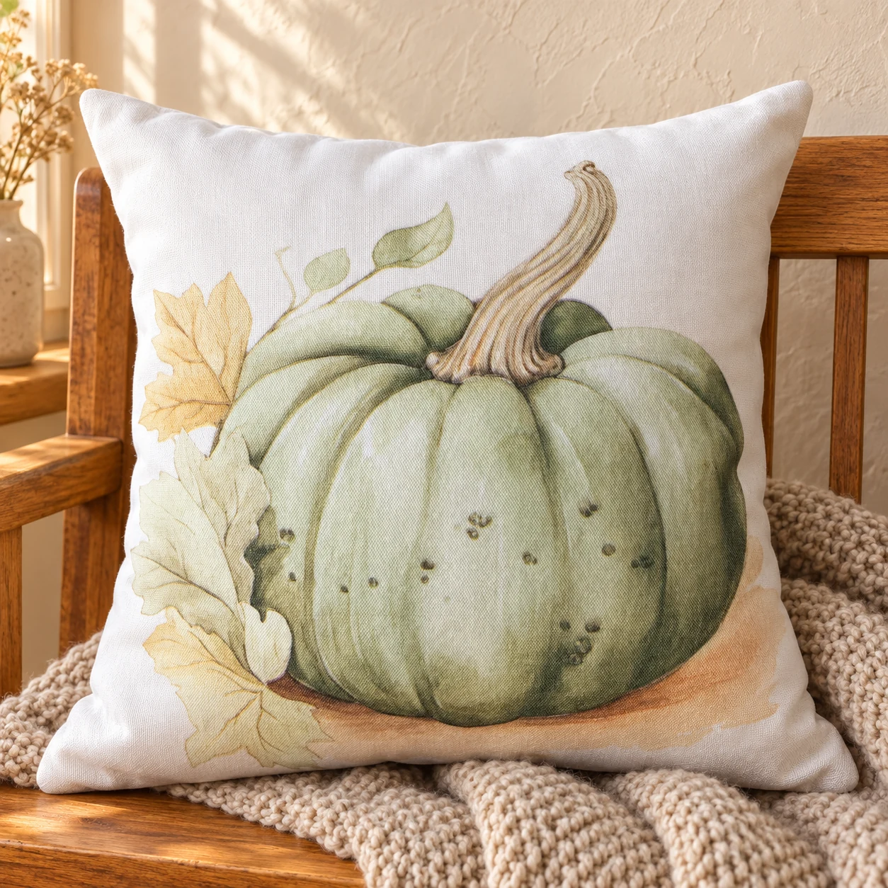Sage Harvest Pumpkin Pillow in a warm styled setting