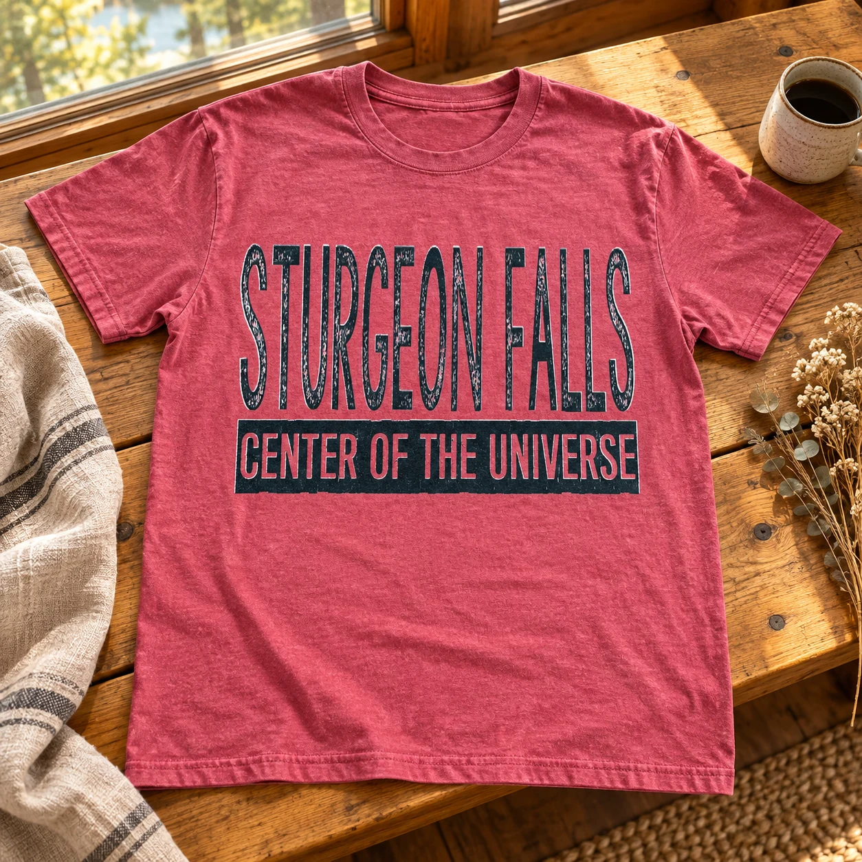 Sturgeon Falls Center of the Universe T-Shirt in a warm styled setting