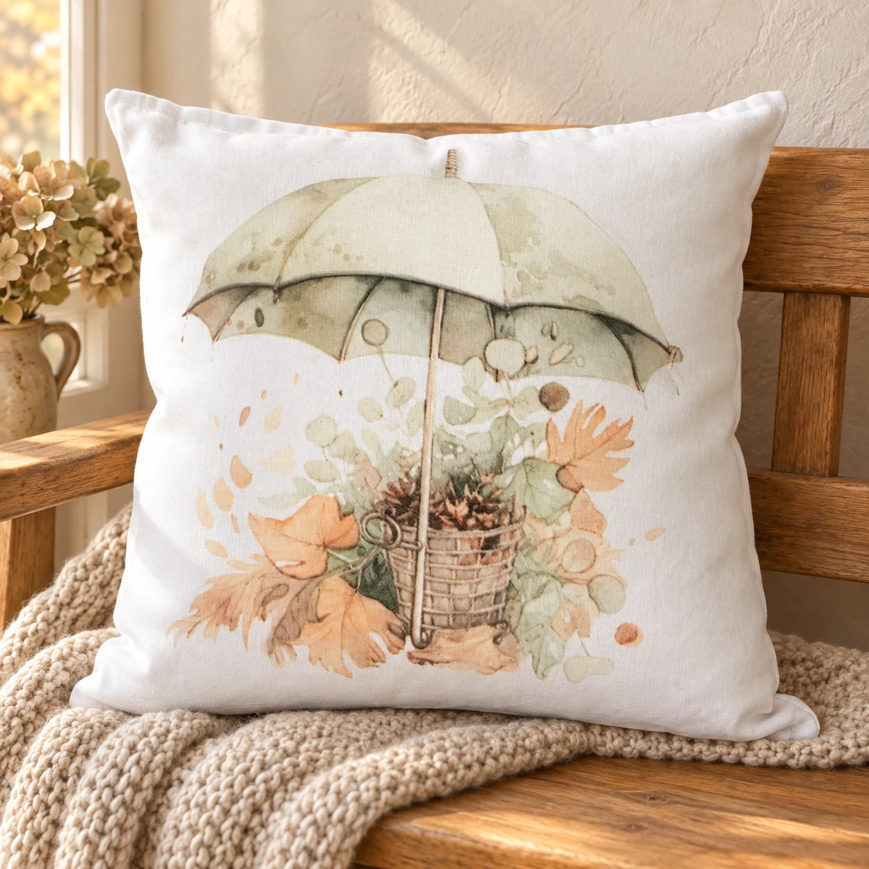 Autumn Umbrella Pillow in a warm styled setting