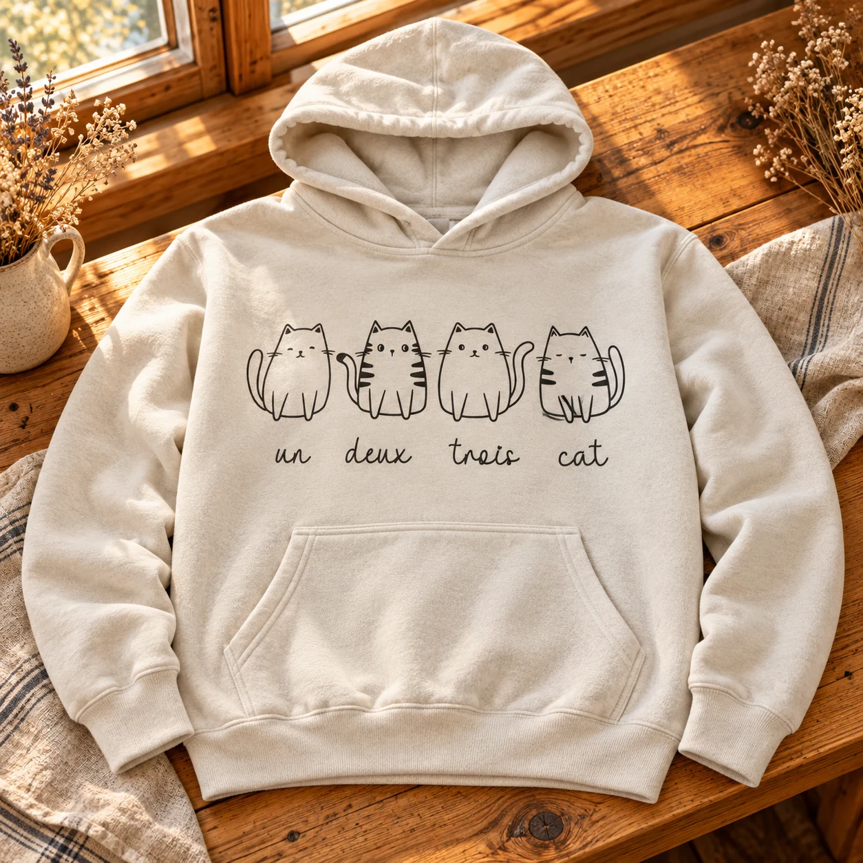 Un Deux Trois Cat Hoodie in a warm styled setting